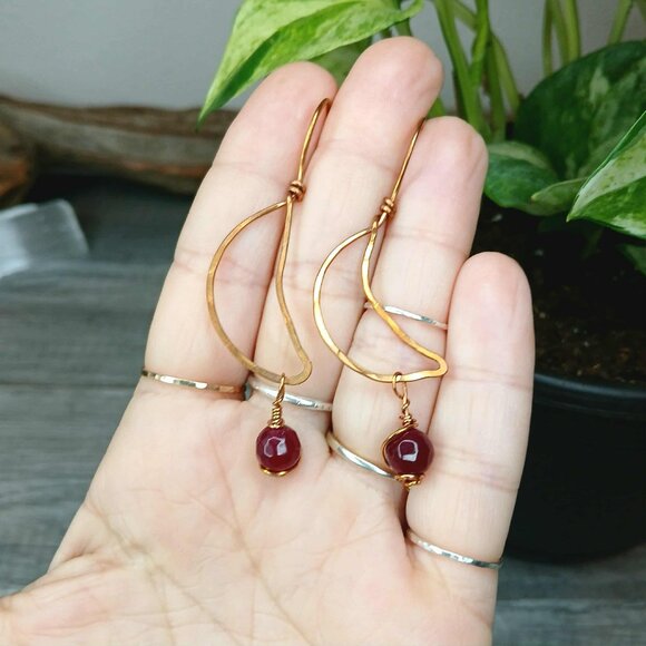BOGO EARRINGS Garnet Gemstone Crescent Moon Dangle Earrings, 2.5" - Picture 3 of 4